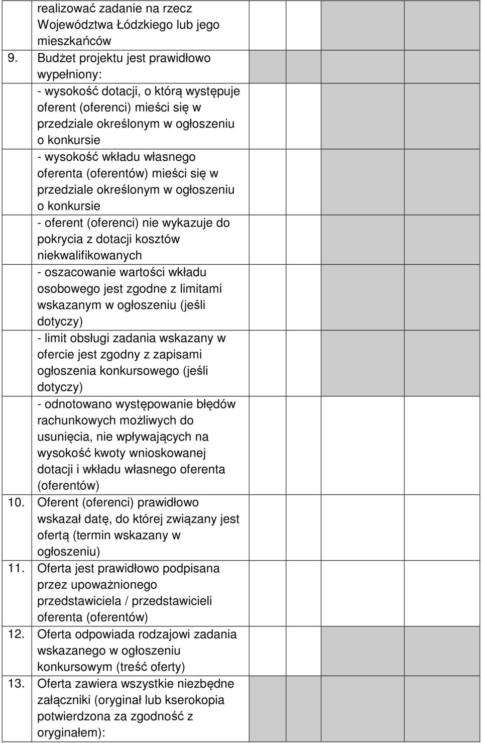 (oferentów) mieści się w przedziale określonym w ogłoszeniu o konkursie - oferent (oferenci) nie wykazuje do pokrycia z dotacji kosztów niekwalifikowanych - oszacowanie wartości wkładu osobowego jest