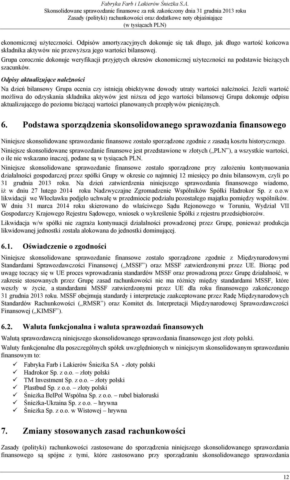 Odpisy aktualizujące należności Na dzień bilansowy Grupa ocenia czy istnieją obiektywne dowody utraty wartości należności.