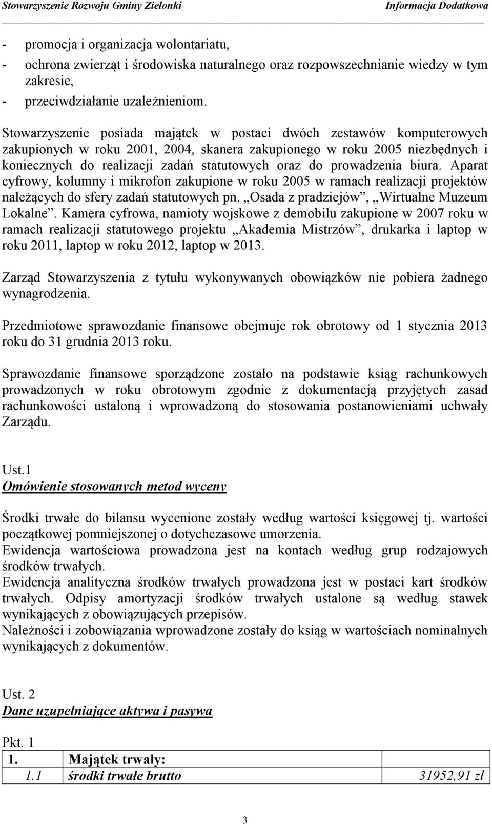 prowadzenia biura. Aparat cyfrowy, kolumny i mikrofon zakupione w roku 2005 w ramach realizacji projektów należących do sfery zadań statutowych pn. Osada z pradziejów, Wirtualne Muzeum Lokalne.