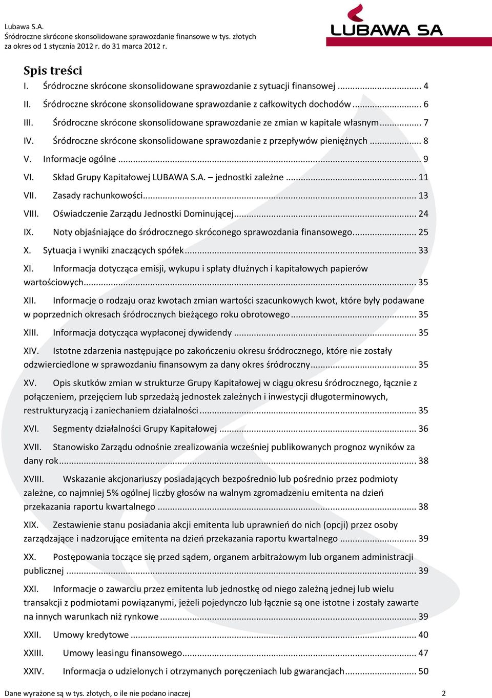 Śródroczne skrócone skonsolidowane sprawozdanie z przepływów pieniężnych... 8 V. Informacje ogólne... 9 VI. Skład Grupy Kapitałowej LUBAWA S.A. jednostki zależne... 11 VII. Zasady rachunkowości.