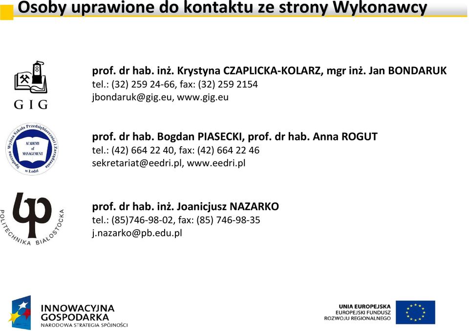 Bogdan PIASECKI, prof. dr hab. Anna ROGUT tel.: (42) 664 22 40, fax: (42) 664 22 46 sekretariat@eedri.