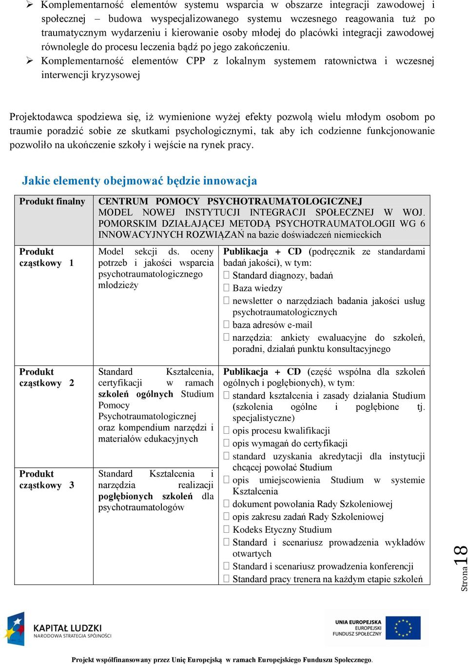 Komplementarność elementów CPP z lokalnym systemem ratownictwa i wczesnej interwencji kryzysowej Projektodawca spodziewa się, iż wymienione wyżej efekty pozwolą wielu młodym osobom po traumie