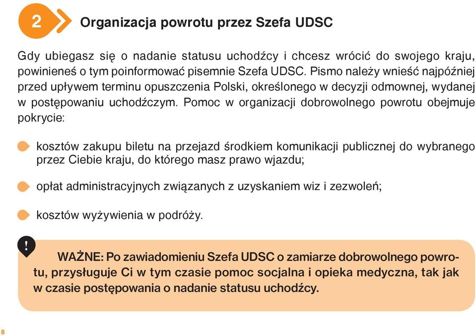 Pomoc w organizacji dobrowolnego powrotu obejmuje pokrycie: kosztów zakupu biletu na przejazd środkiem komunikacji publicznej do wybranego przez Ciebie kraju, do którego masz prawo wjazdu; opłat