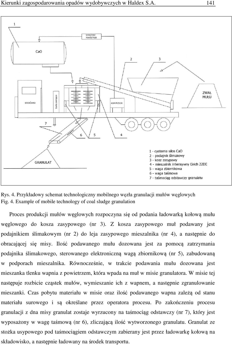 Example of mobile technology of coal sludge granulation Proces produkcji mułów węglowych rozpoczyna się od podania ładowarką kołową mułu węglowego do kosza zasypowego (nr 3).
