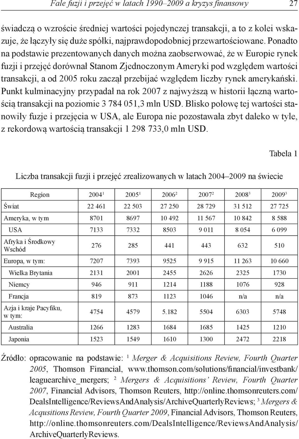 Ponadto na podstawie prezentowanych danych można zaobserwować, że w Europie rynek fuzji i przejęć dorównał Stanom Zjednoczonym Ameryki pod względem wartości transakcji, a od 2005 roku zaczął