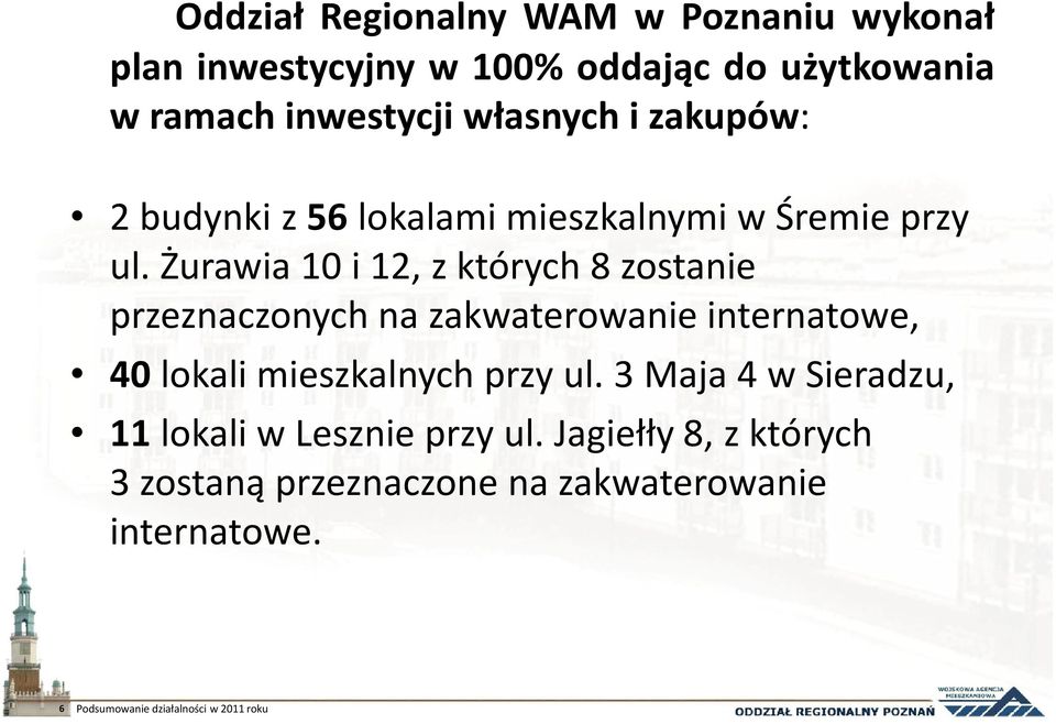 Żurawia 10 i 12, z których 8 zostanie przeznaczonych na zakwaterowanie internatowe, 40lokali mieszkalnych przy ul.