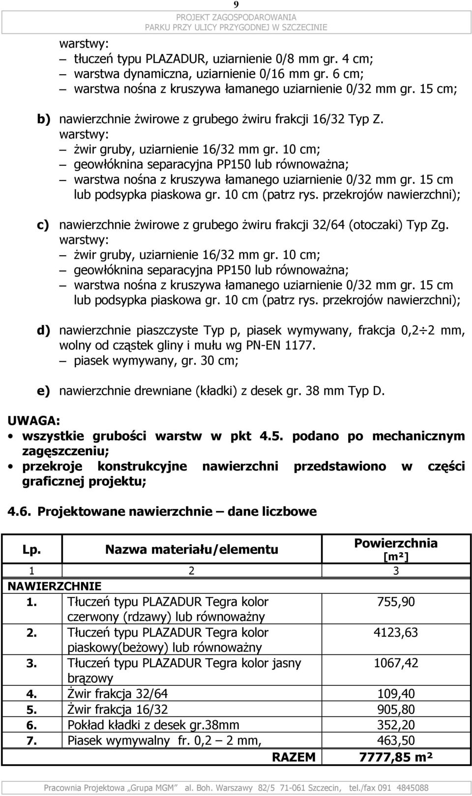 10 cm; geowłóknina separacyjna PP150 lub równoważna; warstwa nośna z kruszywa łamanego uziarnienie 0/32 mm gr. 15 cm lub podsypka piaskowa gr. 10 cm (patrz rys.