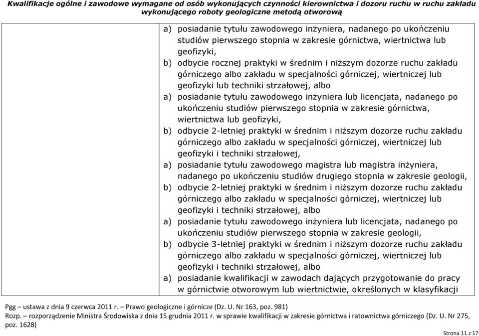 ukończeniu studiów pierwszego stopnia w zakresie górnictwa, wiertnictwa lub geofizyki, b) odbycie 2-letniej praktyki w średnim i niższym dozorze ruchu zakładu górniczego albo zakładu w specjalności