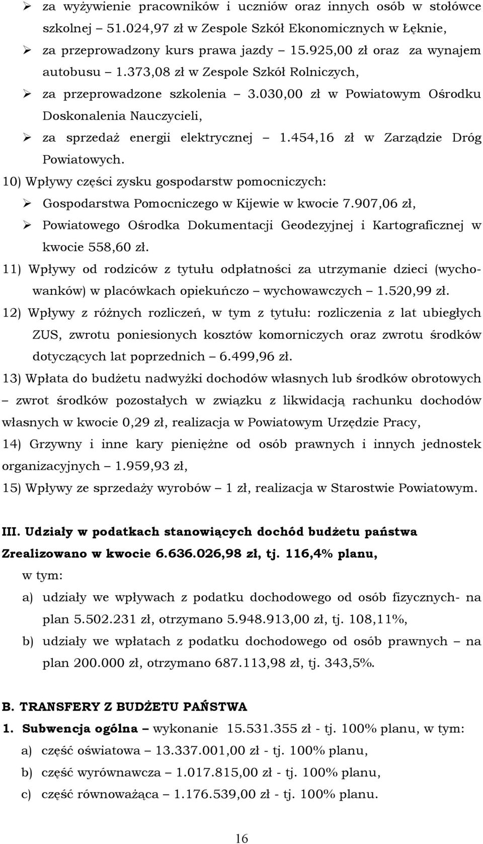 454,16 zł w Zarządzie DrÖg Powiatowych. 10) Wpływy części zysku gospodarstw pomocniczych: Gospodarstwa Pomocniczego w Kijewie w kwocie 7.