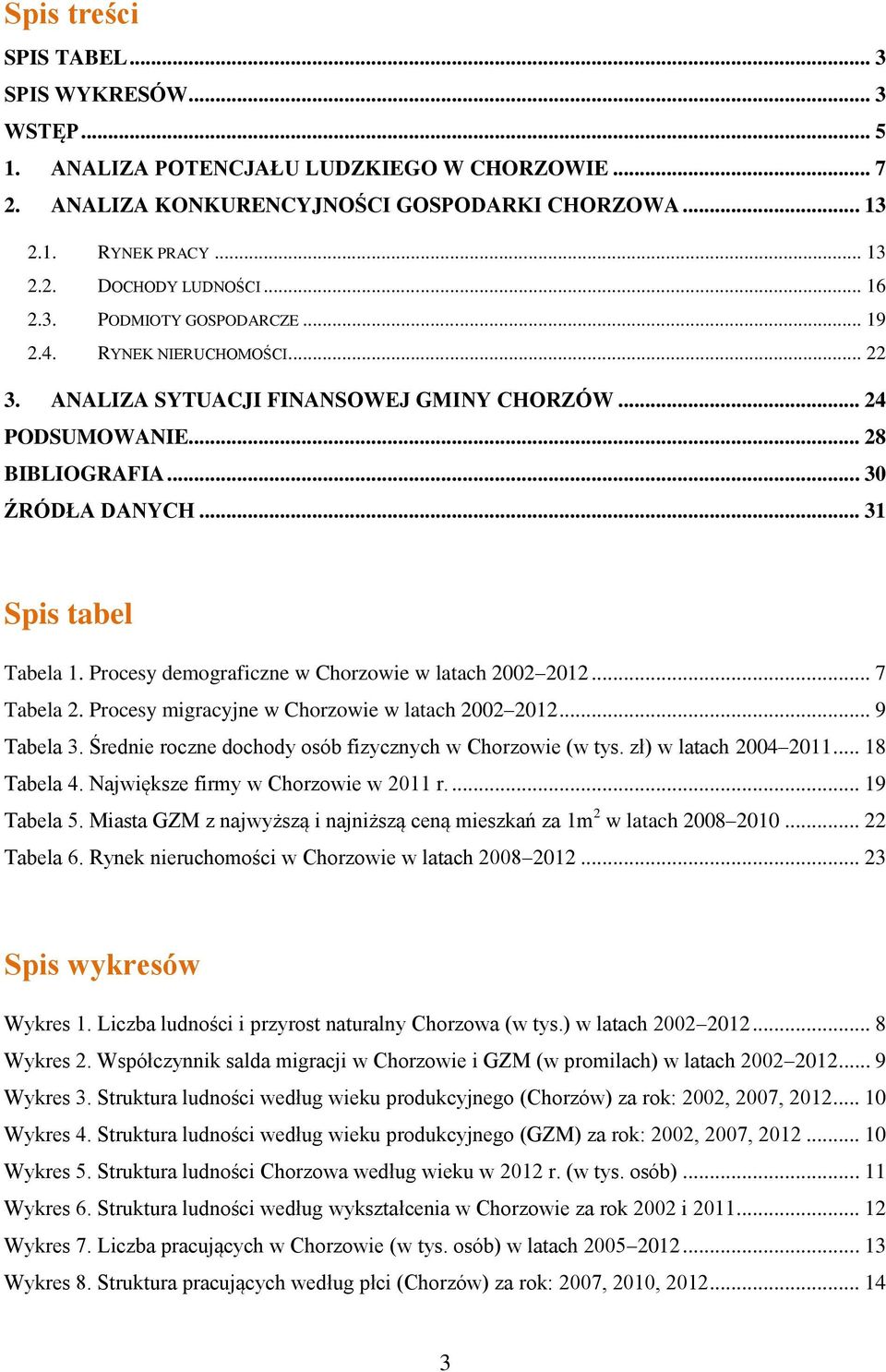 Procesy demograficzne w Chorzowie w latach 2002 2012... 7 Tabela 2. Procesy migracyjne w Chorzowie w latach 2002 2012... 9 Tabela 3. Średnie roczne dochody osób fizycznych w Chorzowie (w tys.