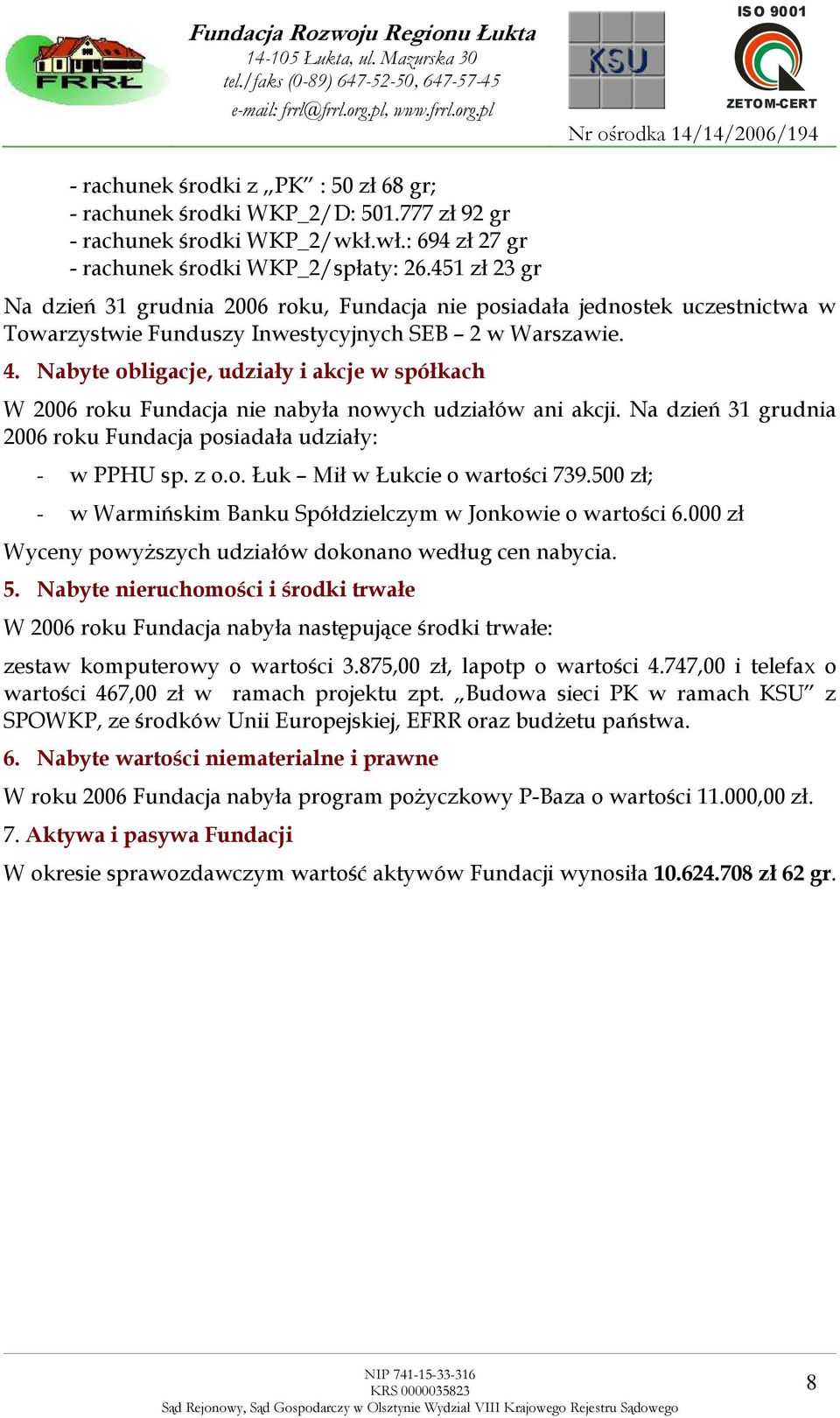 Nabyte obligacje, udziały i akcje w spółkach W 2006 roku Fundacja nie nabyła nowych udziałów ani akcji. Na dzień 31 grudnia 2006 roku Fundacja posiadała udziały: - w PPHU sp. z o.o. Łuk Mił w Łukcie o wartości 739.