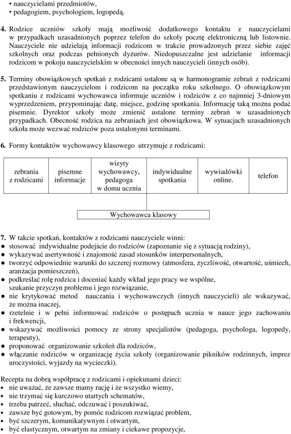 Nauczyciele nie udzielają informacji rodzicom w trakcie prowadzonych przez siebie zajęć szkolnych oraz podczas pełnionych dyŝurów.