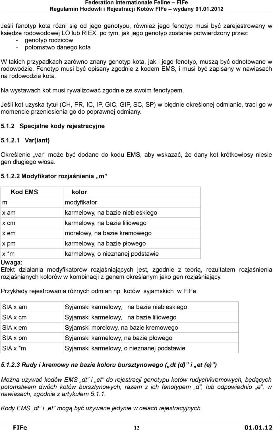 Fenotyp musi być opisany zgodnie z kodem EMS, i musi być zapisany w nawiasach na rodowodzie kota. Na wystawach kot musi rywalizować zgodnie ze swoim fenotypem.