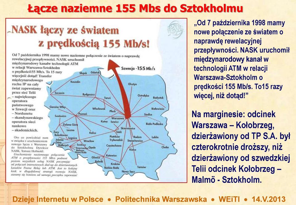 NASK uruchomił międzynarodowy kanał w technologii ATM w relacji Warszawa-Sztokholm o prędkości 155 Mb/s.