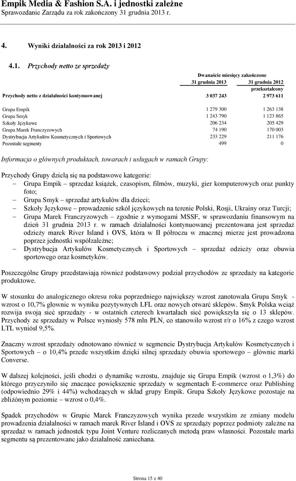 4.1. Przychody netto ze sprzedaży Dwanaście miesięcy zakończone 31 grudnia 2013 31 grudnia 2012 przekształcony Przychody netto z działalności kontynuowanej 3 037 243 2 973 611 Grupa Empik 1 279 300 1