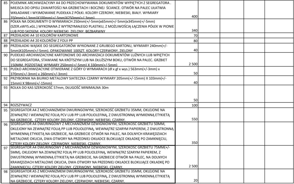 WYMIARY 350mm(+/-3mm)X100mm(+/-3mm)X250mm(+/-3mm) 400 86 PÓŁKA NA DOKUMENTY O WYMIARACH 250mm(+/-5mm)x65mm(+/-5mm)x345mm(+/-5mm) (SZER.xWYS.xGL.