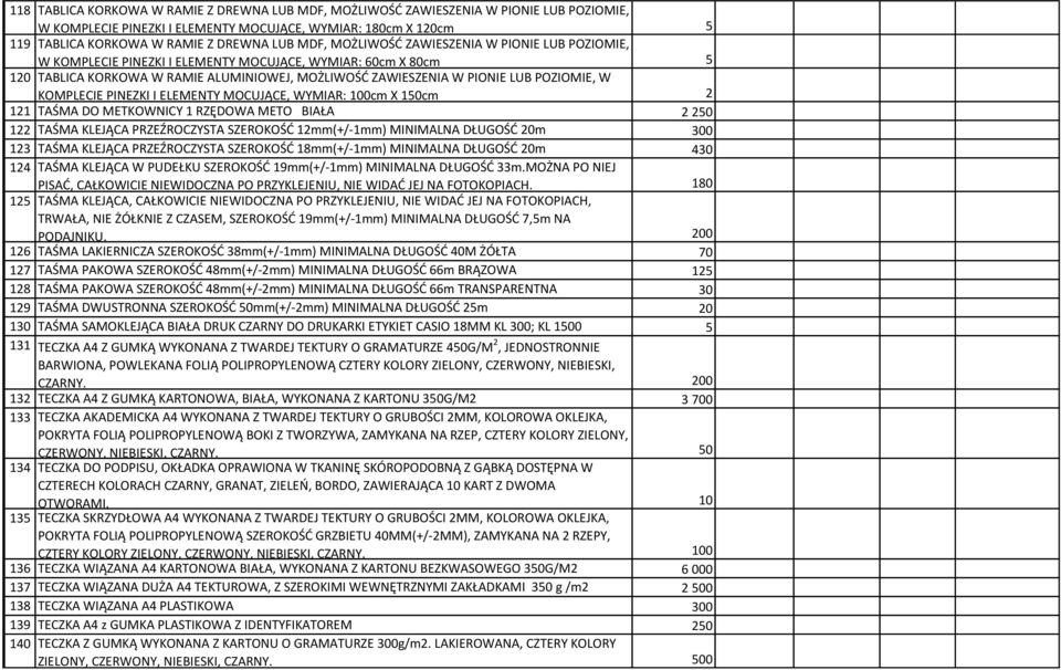 W KOMPLECIE PINEZKI I ELEMENTY MOCUJĄCE, WYMIAR: 100cm X 150cm 2 121 TAŚMA DO METKOWNICY 1 RZĘDOWA METO BIAŁA 2 250 122 TAŚMA KLEJĄCA PRZEŹROCZYSTA SZEROKOŚĆ 12mm(+/-1mm) MINIMALNA DŁUGOŚĆ 20m 300