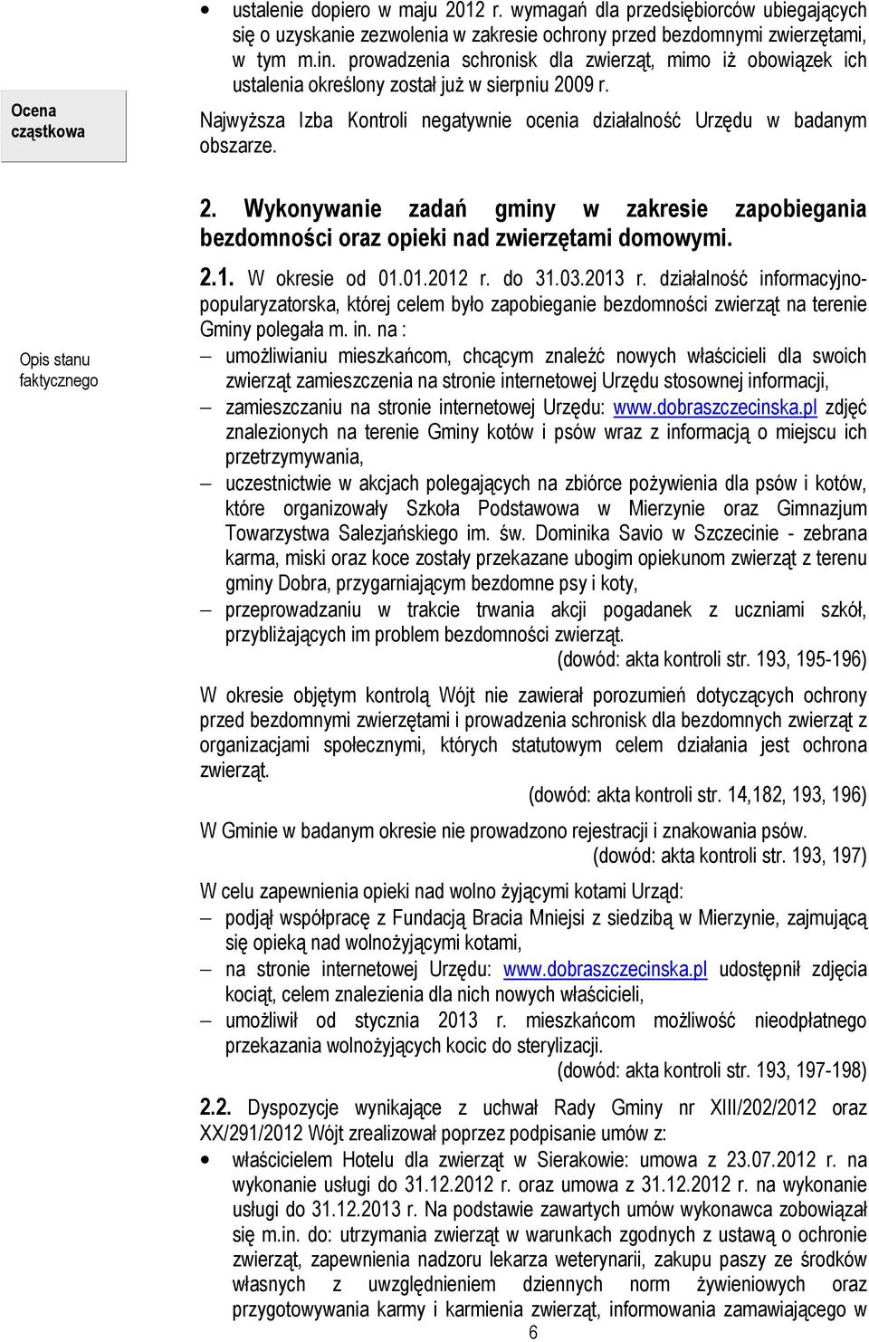 Opis stanu faktycznego 2. Wykonywanie zadań gminy w zakresie zapobiegania bezdomności oraz opieki nad zwierzętami domowymi. 2.1. W okresie od 01.01.2012 r. do 31.03.2013 r.