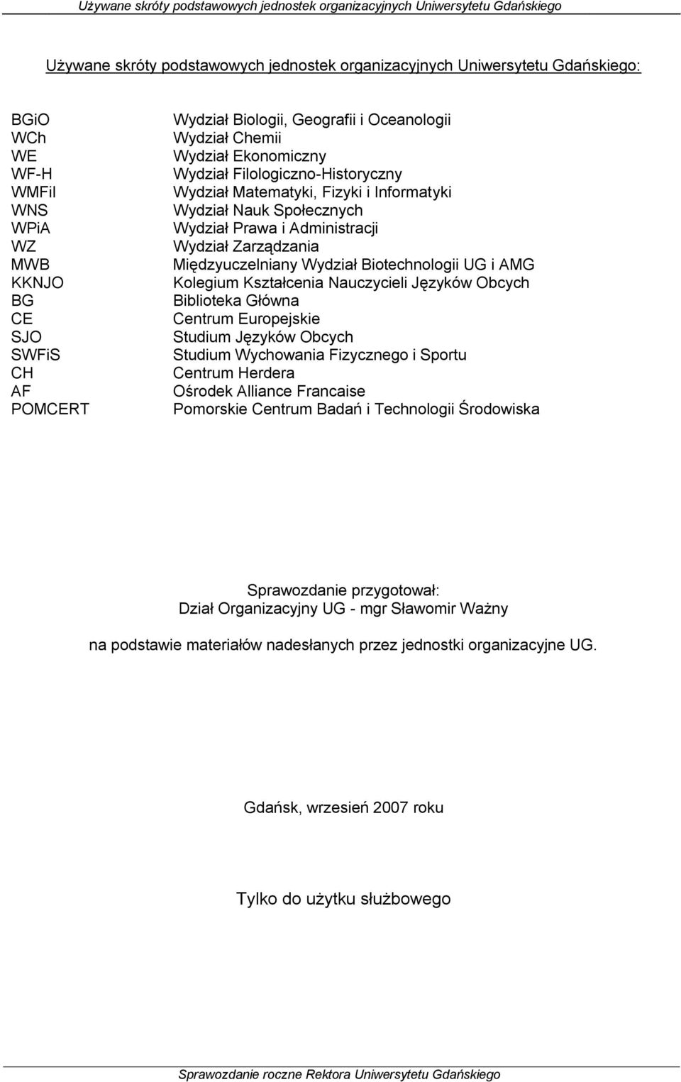 Społecznych Wydział Prawa i Administracji Wydział Zarządzania Międzyuczelniany Wydział Biotechnologii UG i AMG Kolegium Kształcenia Nauczycieli Języków Obcych Biblioteka Główna Centrum Europejskie