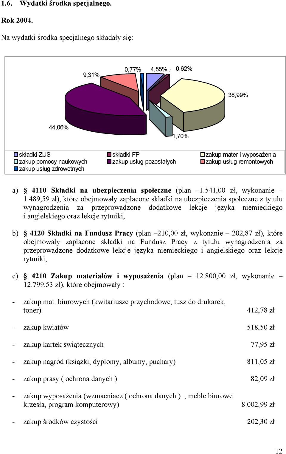 remontowych zakup usług zdrowotnych a) 4110 Składki na ubezpieczenia społeczne (plan 1.541,00 zł, wykonanie 1.