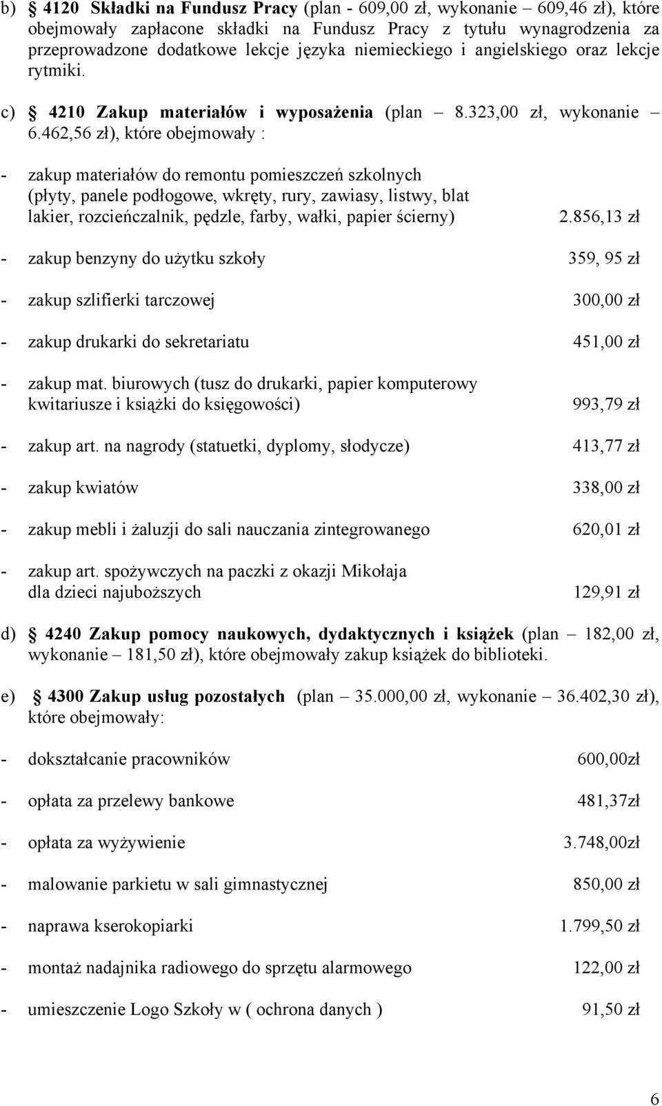 462,56 zł), które obejmowały : - zakup materiałów do remontu pomieszczeń szkolnych (płyty, panele podłogowe, wkręty, rury, zawiasy, listwy, blat lakier, rozcieńczalnik, pędzle, farby, wałki, papier