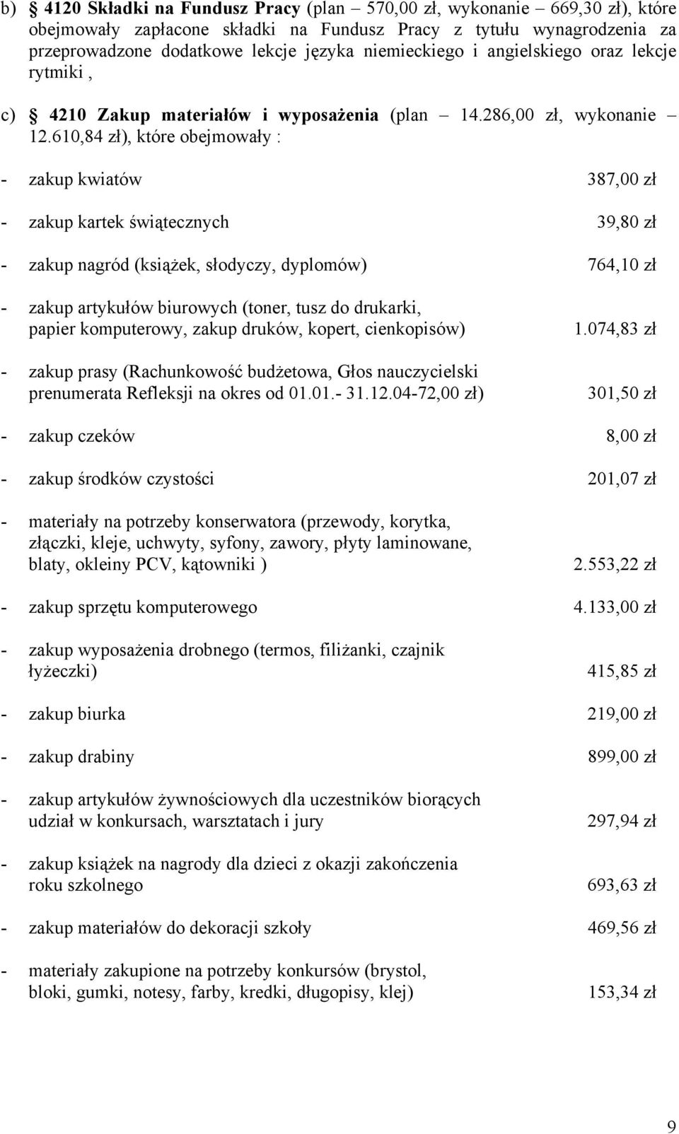 610,84 zł), które obejmowały : - zakup kwiatów 387,00 zł - zakup kartek świątecznych 39,80 zł - zakup nagród (książek, słodyczy, dyplomów) 764,10 zł - zakup artykułów biurowych (toner, tusz do