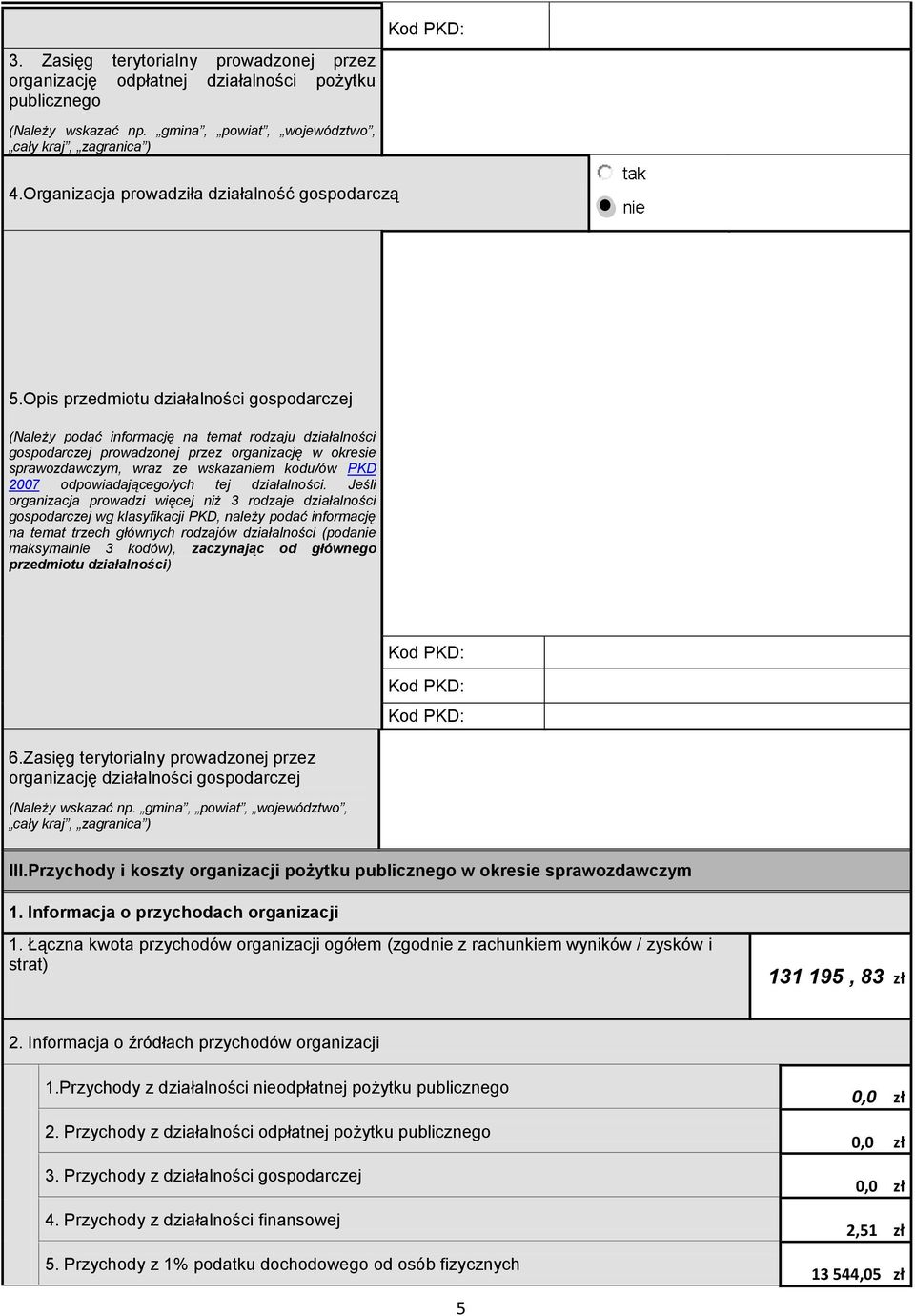 Opis przedmiotu działalności gospodarczej (Należy podać informację na temat rodzaju działalności gospodarczej proadzonej przez organizację okresie, raz ze skazaniem kodu/ó PKD 007 odpoiadającego/ych