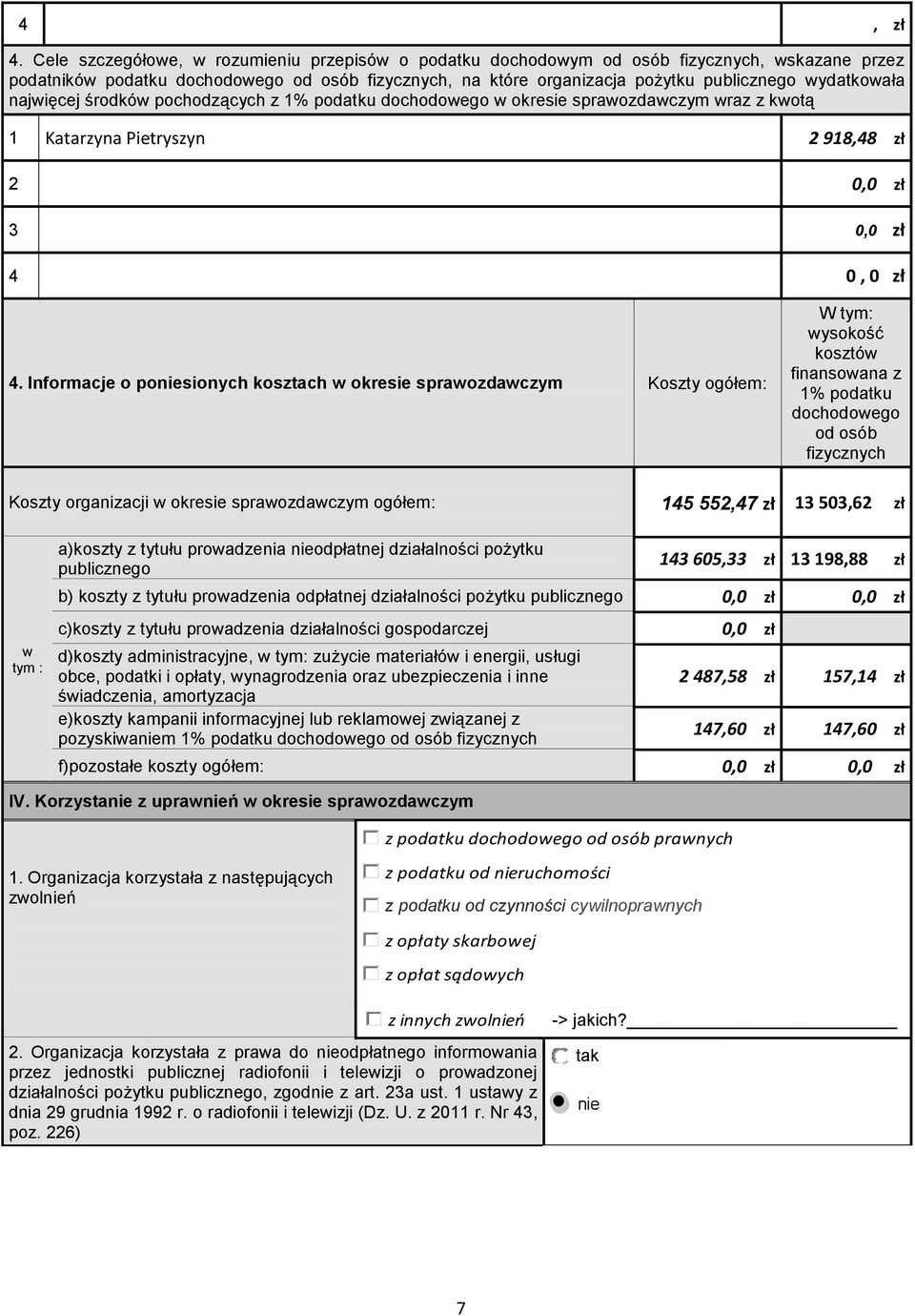 Informacje o poniesionych kosztach okresie Koszty ogółem: W tym: ysokość kosztó finansoana z % podatku dochodoego od osób fizycznych Koszty organizacji okresie ogółem: 45 55,47 zł 50,6 zł tym :