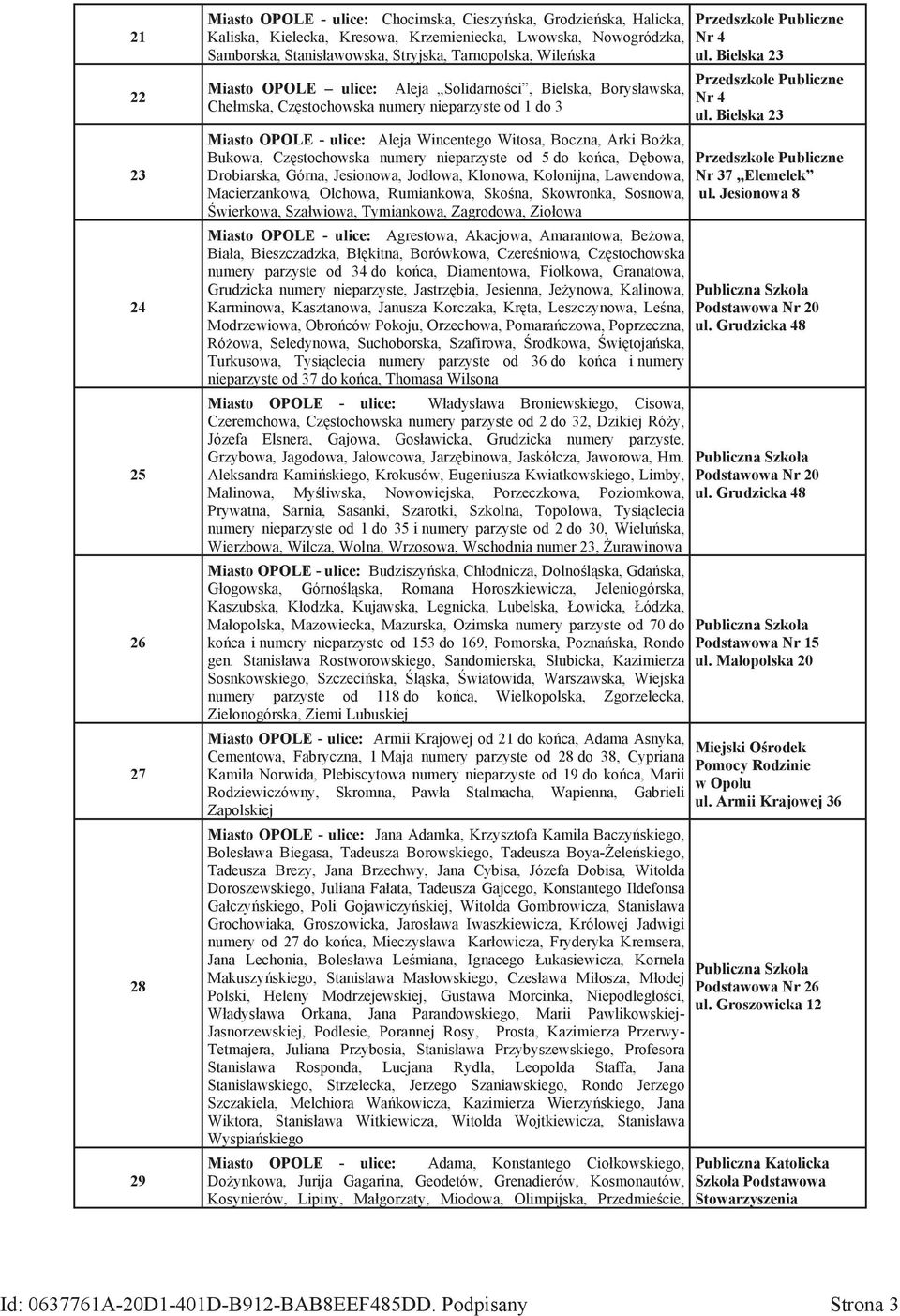 Bożka, Bukowa, Częstochowska numery nieparzyste od 5 do końca, Dębowa, Drobiarska, Górna, Jesionowa, Jodłowa, Klonowa, Kolonijna, Lawendowa, Macierzankowa, Olchowa, Rumiankowa, Skośna, Skowronka,