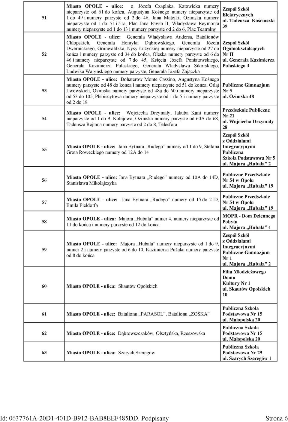 Tadeusza Kościuszki nieparzyste od 1 do 51 i 51a, Plac Jana Pawła II, Władysława Reymonta 39 numery nieparzyste od 1 do 13 i numery parzyste od 2 do 6, Plac Teatralny Miasto OPOLE - ulice: Generała