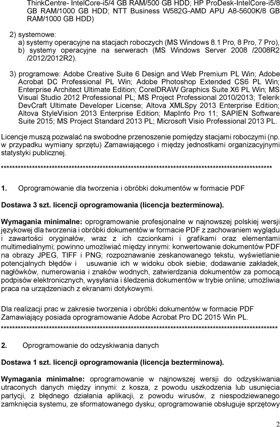 3) programowe: Adobe Creative Suite 6 Design and Web Premium PL Win; Adobe Acrobat DC Professional PL Win; Adobe Photoshop Extended CS6 PL Win; Enterprise Architect Ultimate Edition; CorelDRAW