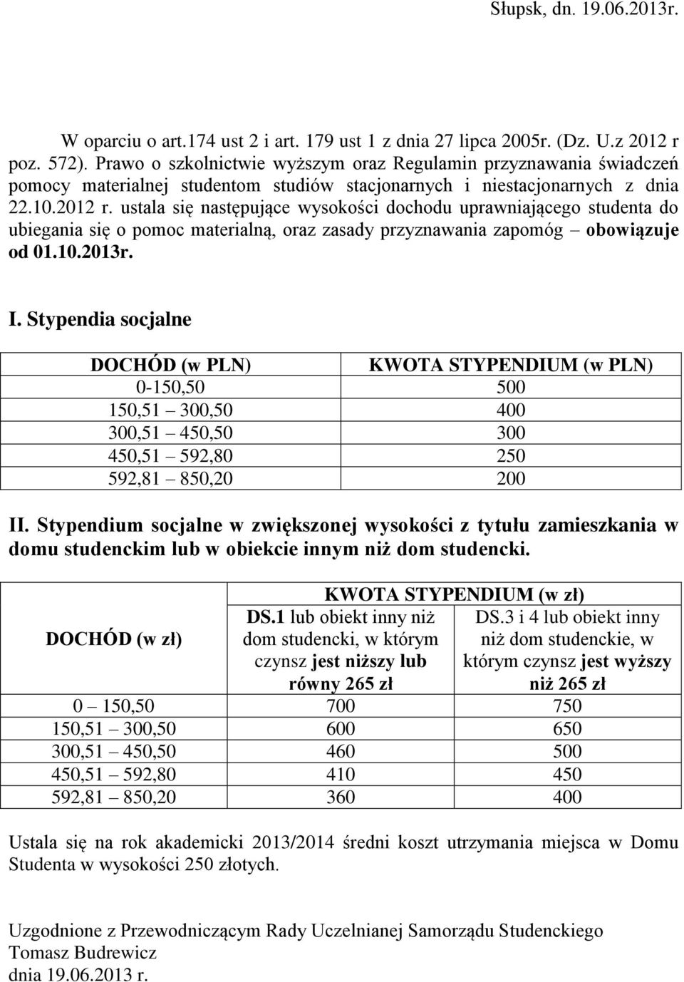 ustala się następujące wysokości dochodu uprawniającego studenta do ubiegania się o pomoc materialną, oraz zasady przyznawania zapomóg obowiązuje od 01.10.2013r. I.