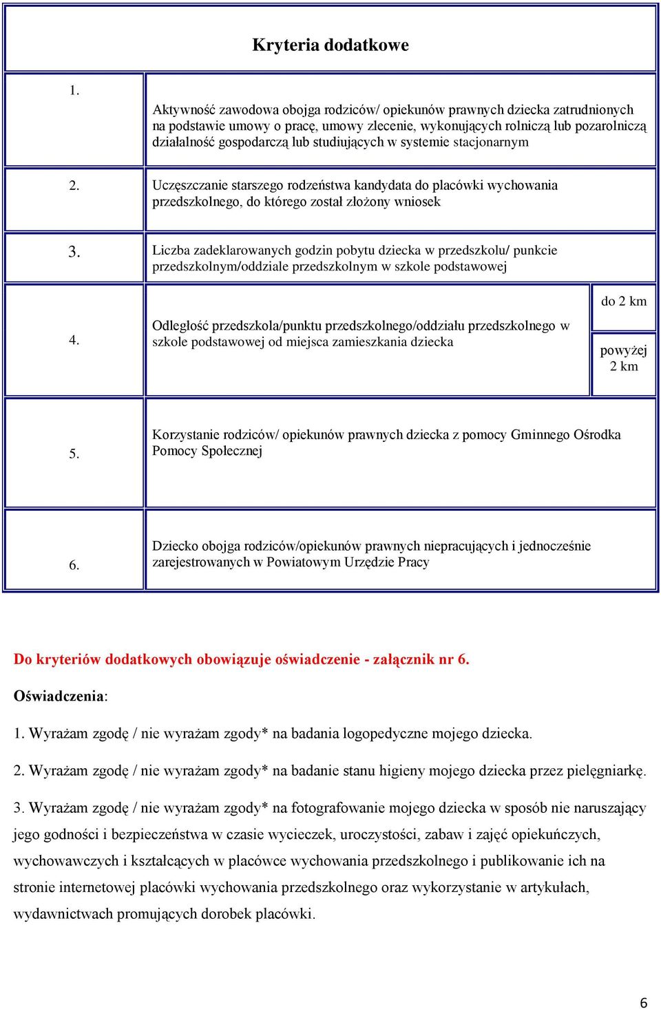 studiujących w systemie stacjonarnym 2. Uczęszczanie starszego rodzeństwa kandydata do placówki wychowania przedszkolnego, do którego został złożony wniosek 3.