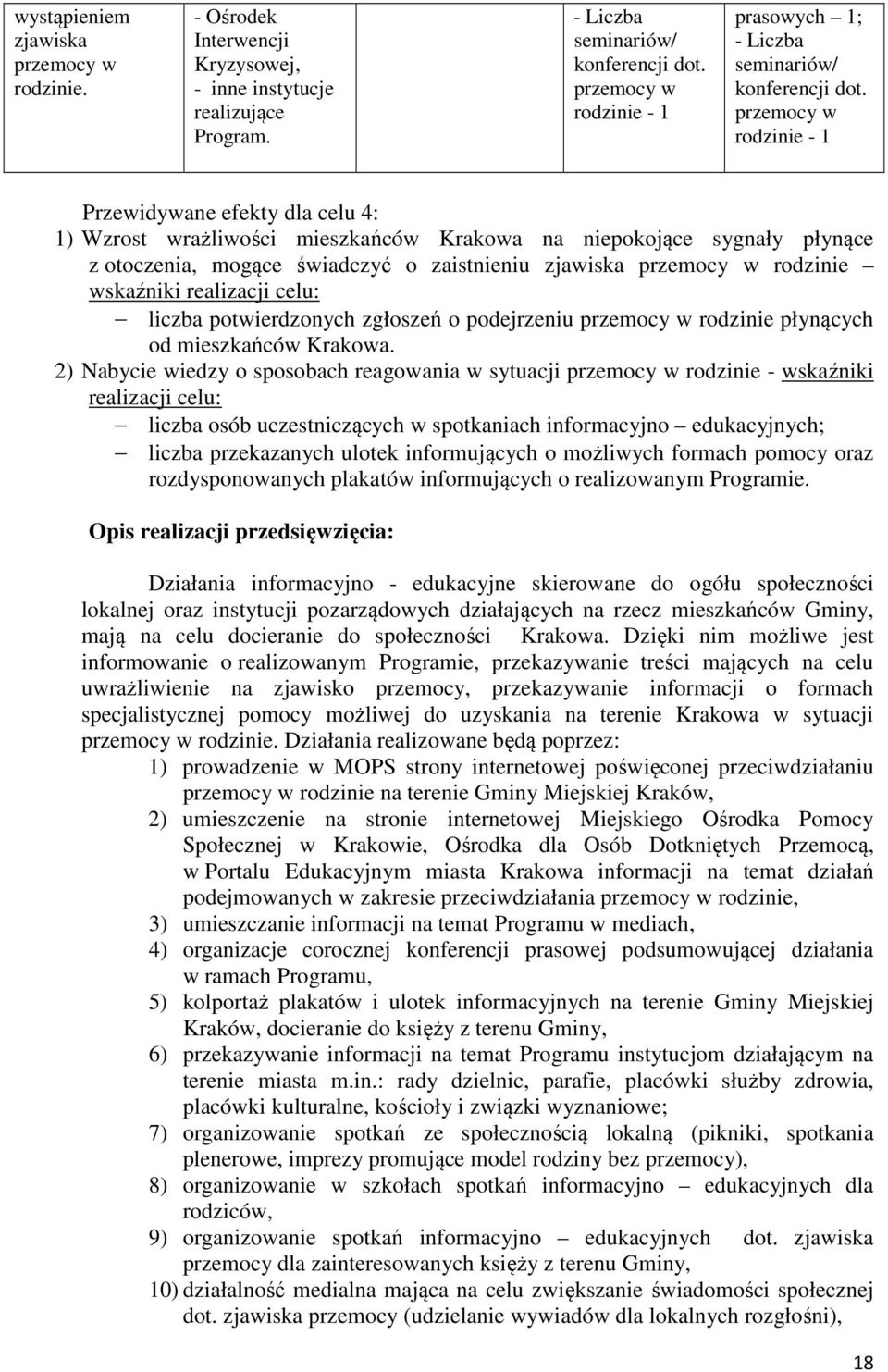 przemocy w rodzinie - 1 Przewidywane efekty dla celu 4: 1) Wzrost wrażliwości mieszkańców Krakowa na niepokojące sygnały płynące z otoczenia, mogące świadczyć o zaistnieniu zjawiska przemocy w