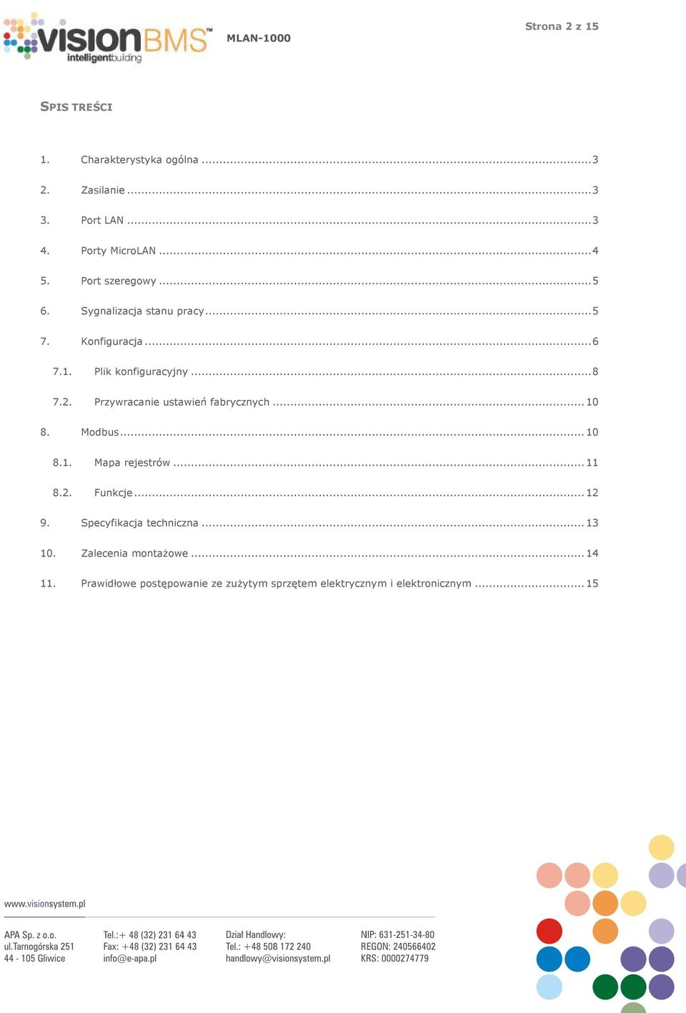 Przywracanie ustawień fabrycznych... 10 8. Modbus... 10 8.1. Mapa rejestrów... 11 8.2. Funkcje... 12 9.