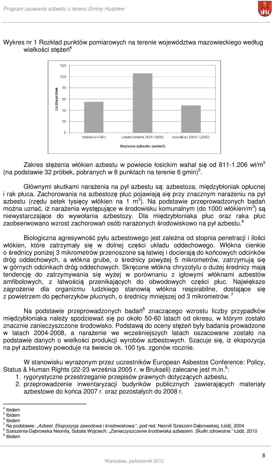 Zachorowania na azbestozę płuc pojawiają się przy znacznym narażeniu na pył azbestu (rzędu setek tysięcy włókien na 1 m 3 ).