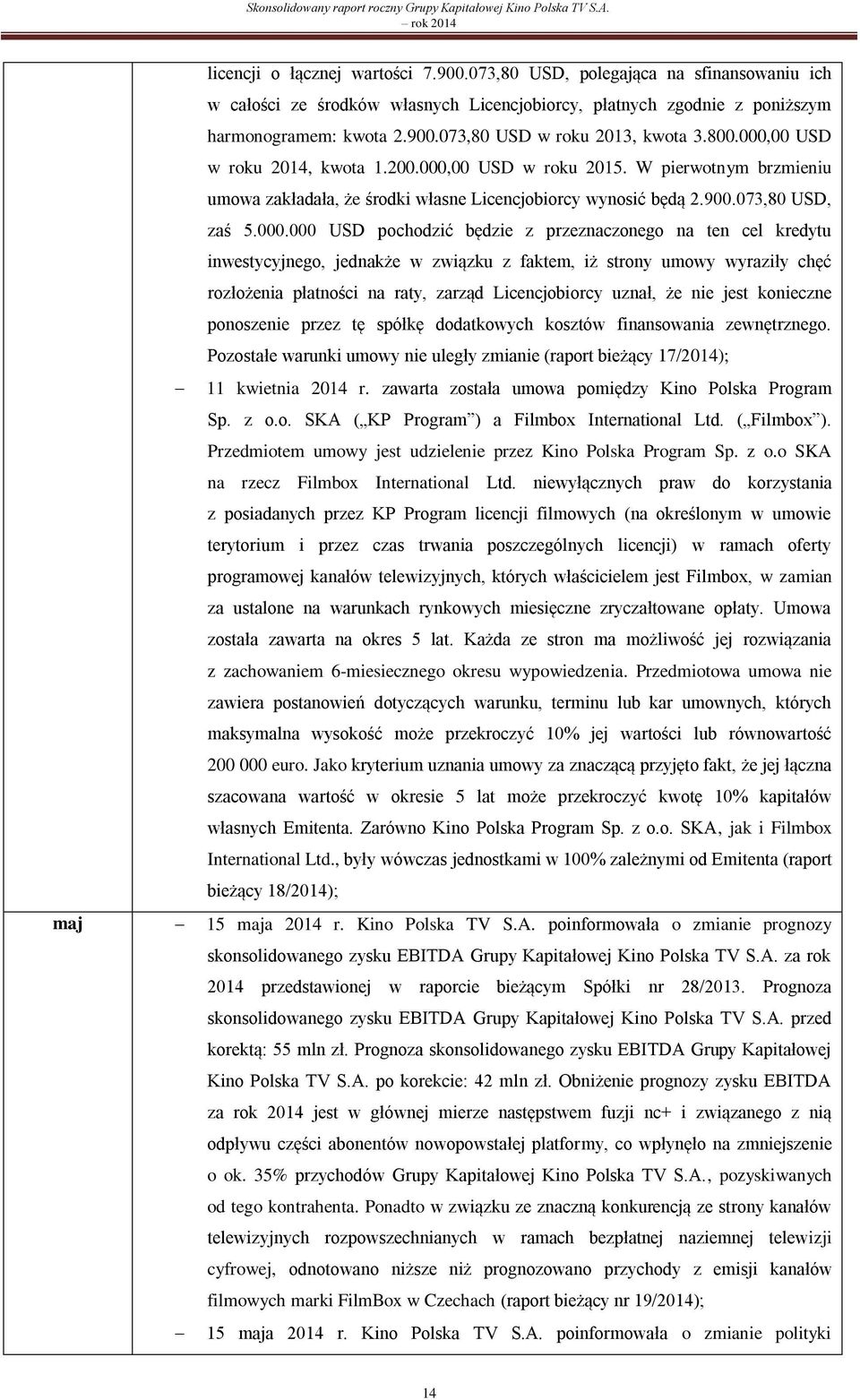 000,00 USD w roku 2014, kwota 1.200.000,00 USD w roku 2015. W pierwotnym brzmieniu umowa zakładała, że środki własne Licencjobiorcy wynosić będą 2.900.073,80 USD, zaś 5.000.000 USD pochodzić będzie z