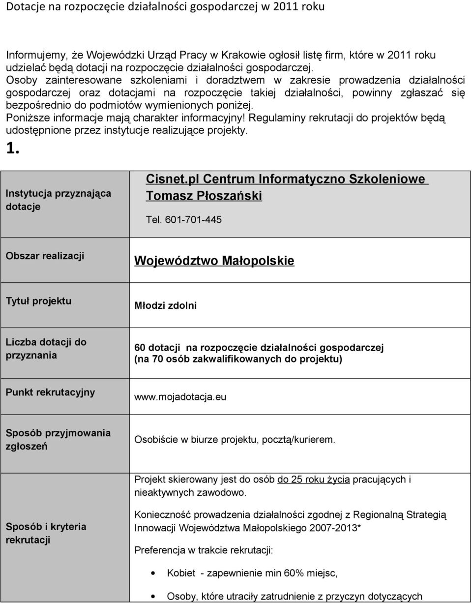 Osoby zainteresowane szkoleniami i doradztwem w zakresie prowadzenia działalności gospodarczej oraz dotacjami na rozpoczęcie takiej działalności, powinny zgłaszać się bezpośrednio do podmiotów