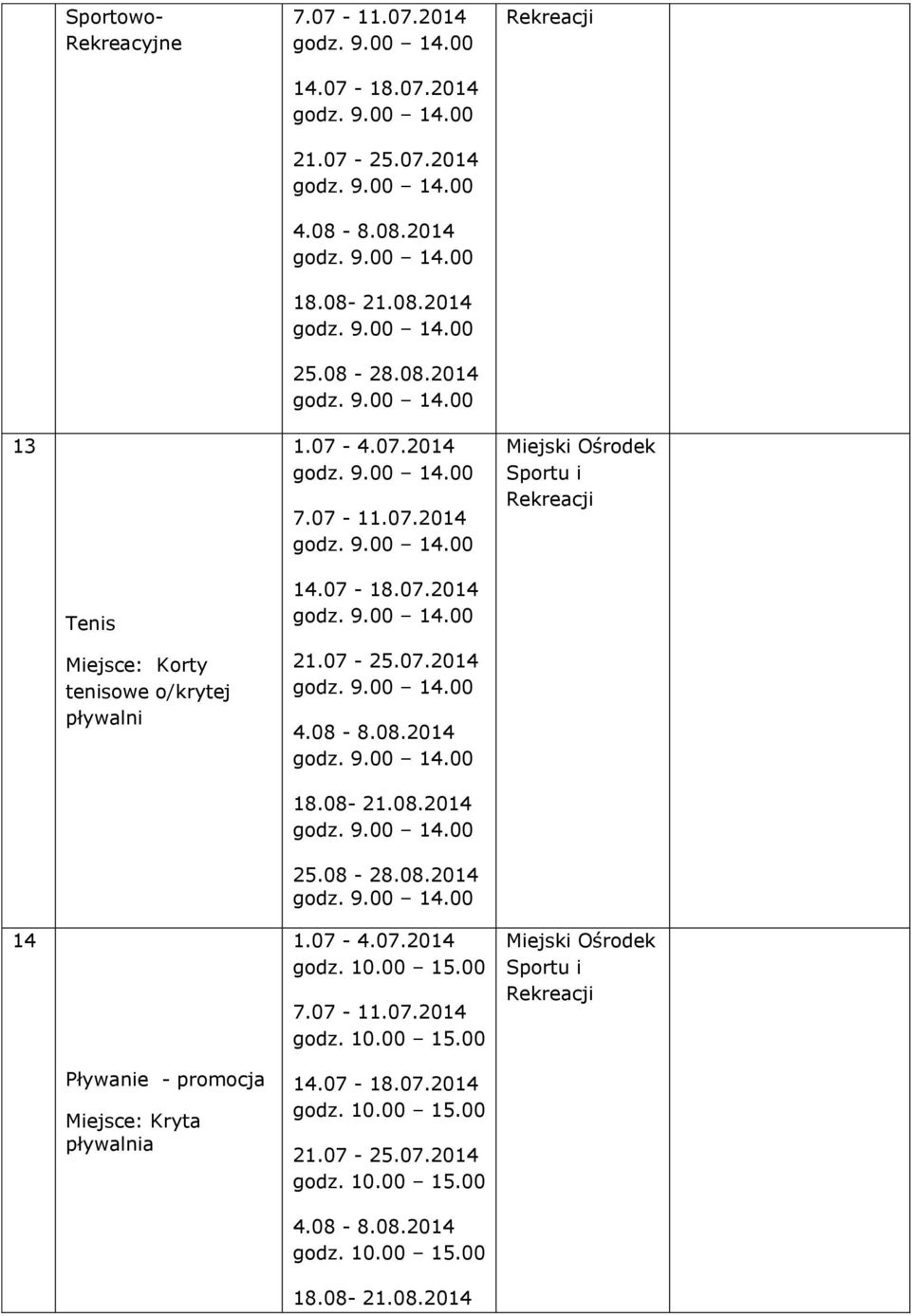07-25.07.2014 4.08-8.08.2014 14 18.08-21.08.2014 25.08-28.08.2014 1.07-4.07.2014 7.07-11.07.2014 Pływanie - promocja Miejsce: Kryta pływalnia 14.