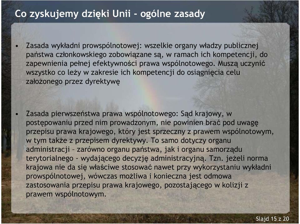 Muszą uczynić wszystko co leŝy w zakresie ich kompetencji do osiągnięcia celu załoŝonego przez dyrektywę Zasada pierwszeństwa prawa wspólnotowego: Sąd krajowy, w postępowaniu przed nim prowadzonym,