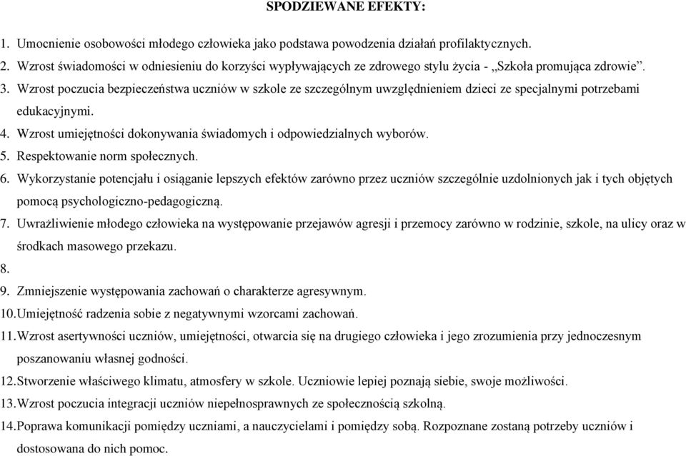 Wzrost poczucia bezpieczeństwa uczniów w szkole ze szczególnym uwzględnieniem dzieci ze specjalnymi potrzebami edukacyjnymi. 4. Wzrost umiejętności dokonywania świadomych i odpowiedzialnych wyborów.