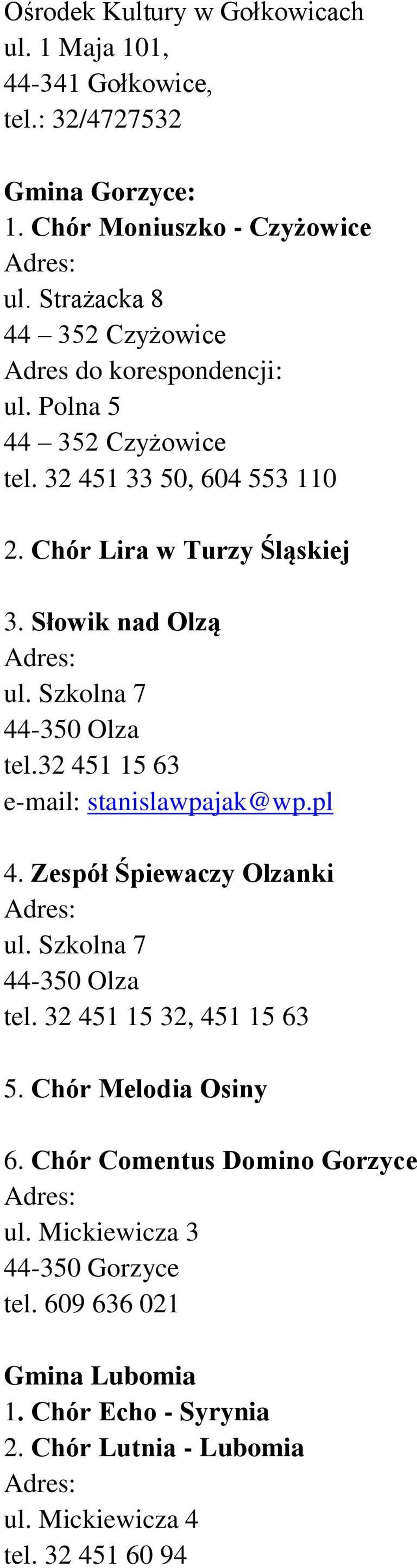 Słowik nad Olzą ul. Szkolna 7 44-350 Olza tel.32 451 15 63 e-mail: stanislawpajak@wp.pl 4. Zespół Śpiewaczy Olzanki ul. Szkolna 7 44-350 Olza tel. 32 451 15 32, 451 15 63 5.