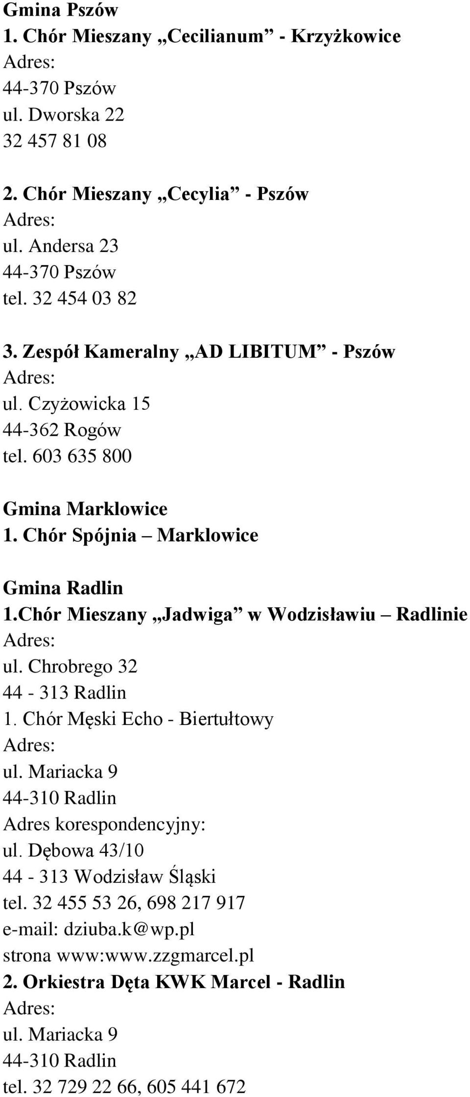 Chór Mieszany Jadwiga w Wodzisławiu Radlinie ul. Chrobrego 32 44-313 Radlin 1. Chór Męski Echo - Biertułtowy ul. Mariacka 9 44-310 Radlin Adres korespondencyjny: ul.