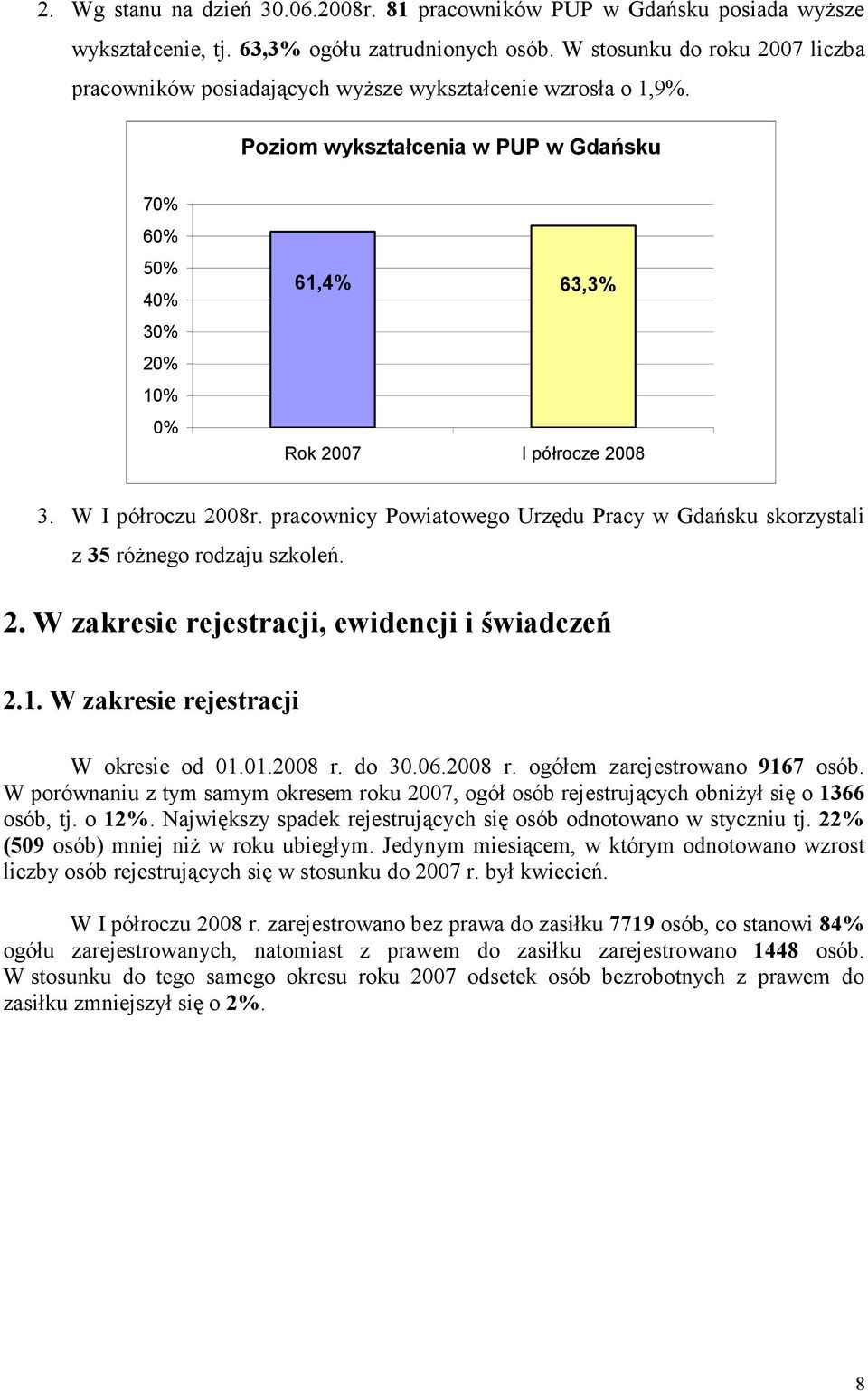 W I półroczu 28r. pracownicy Powiatowego Urzędu Pracy w Gdańsku skorzystali z 35 różnego rodzaju szkoleń. 2. W zakresie rejestracji, ewidencji i świadczeń 2.1. W zakresie rejestracji W okresie od 1.1.28 r.