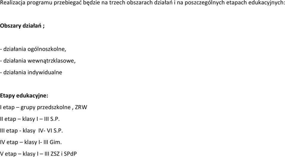 wewnątrzklasowe, - działania indywidualne Etapy edukacyjne: I etap grupy przedszkolne, ZRW