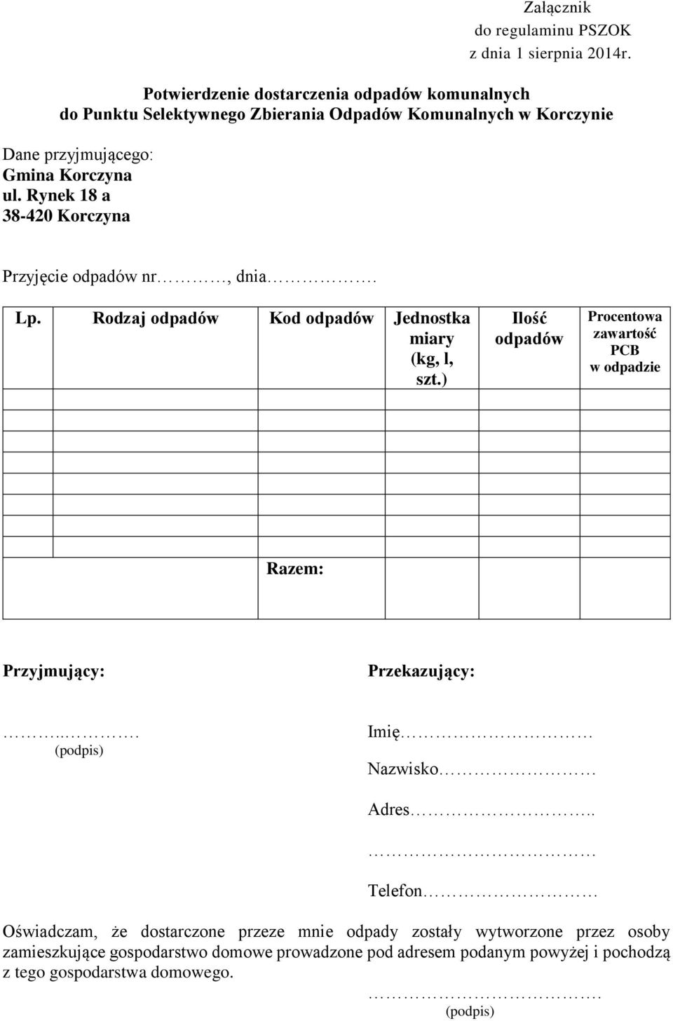 Rynek 18 a 38-420 Korczyna Przyjęcie odpadów nr, dnia. Lp. Rodzaj odpadów Kod odpadów Jednostka miary (kg, l, szt.