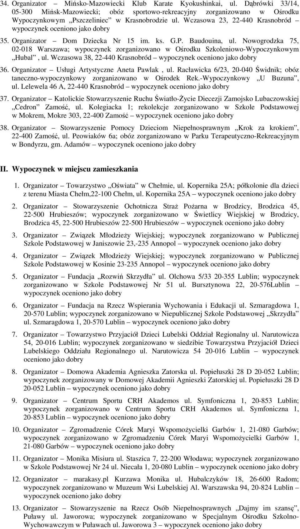 Organizator Dom Dziecka Nr 15 im. ks. G.P. Baudouina, ul. Nowogrodzka 75, 02-018 Warszawa; wypoczynek zorganizowano w Ośrodku Szkoleniowo-Wypoczynkowym Hubal, ul. Wczasowa 38, 22-440 Krasnobród 36.