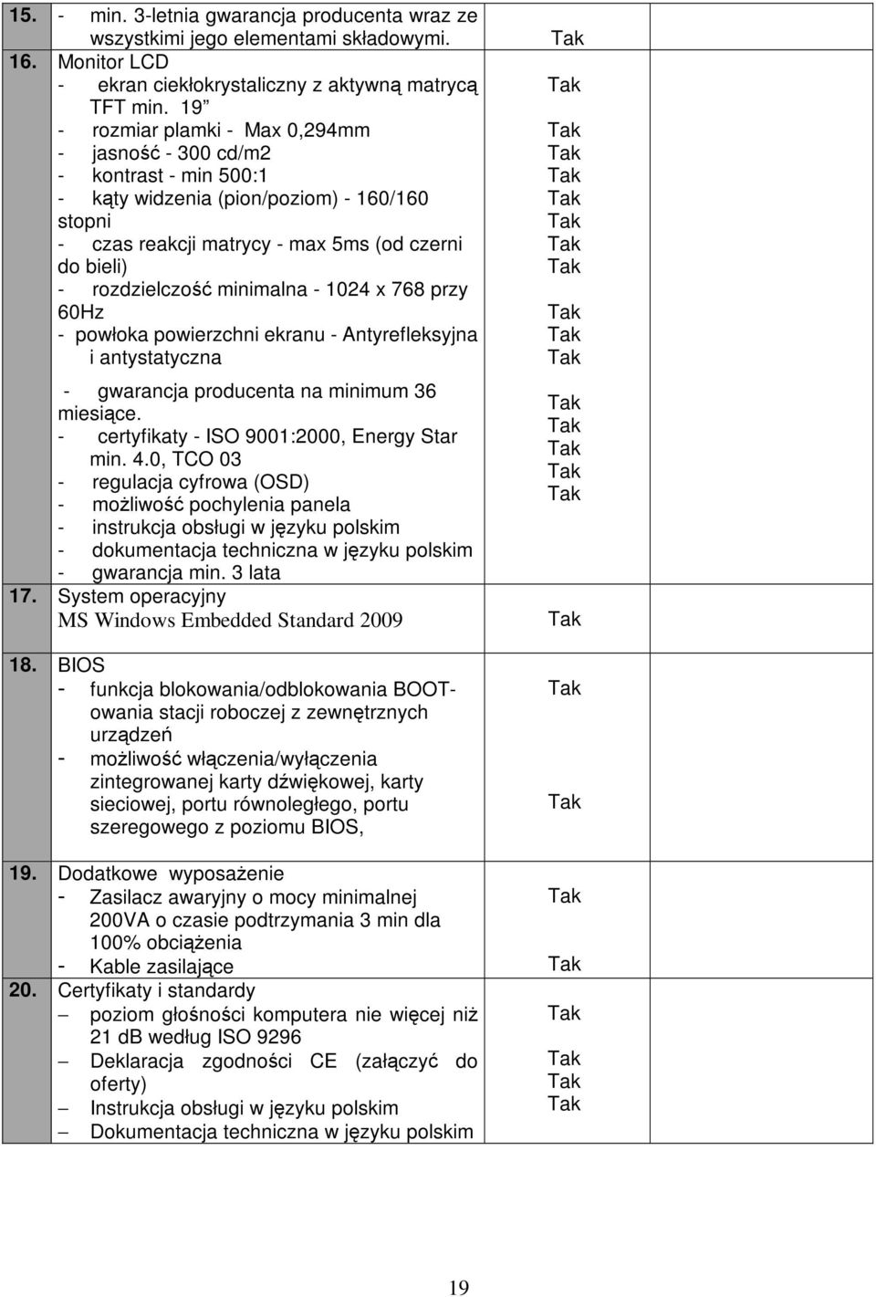 minimalna - 1024 x 768 przy 60Hz - powłoka powierzchni ekranu - Antyrefleksyjna i antystatyczna - gwarancja producenta na minimum 36 miesiące. - certyfikaty - ISO 9001:2000, Energy Star min. 4.