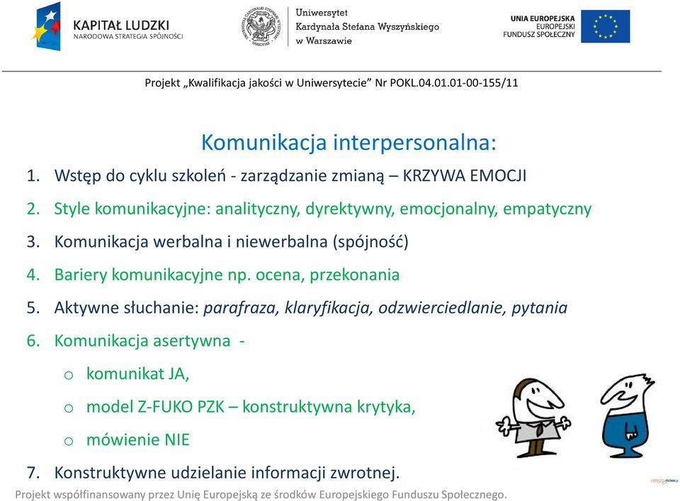 Bariery komunikacyjne np. ocena, przekonania 5. Aktywne słuchanie: parafraza, klaryfikacja, odzwierciedlanie, pytania 6.