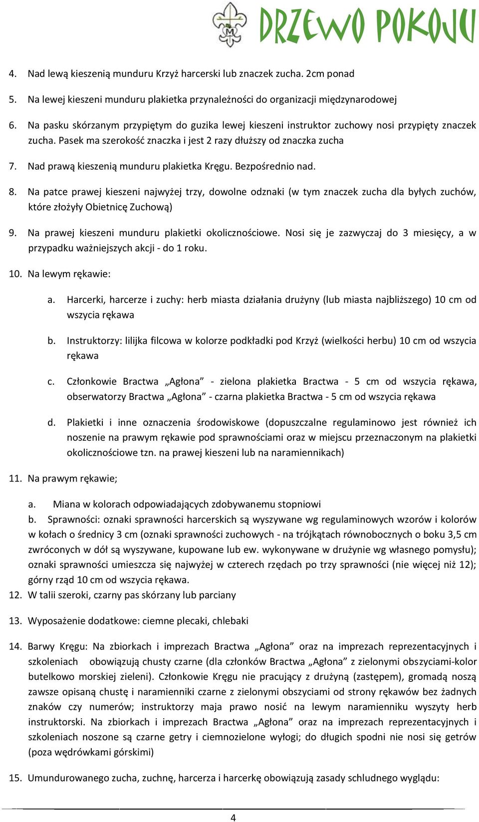 Nad prawą kieszenią munduru plakietka Kręgu. Bezpośrednio nad. 8. Na patce prawej kieszeni najwyżej trzy, dowolne odznaki (w tym znaczek zucha dla byłych zuchów, które złożyły Obietnicę Zuchową) 9.